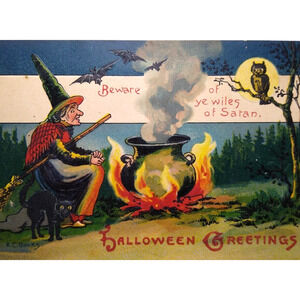 Halloween Postcard Beware Of Satan Witch Black Cat Owl Bats Fantasy Banks Wilson